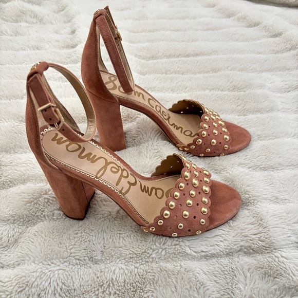 Sam Edelman Suede Leather Studded Open Toe Chunky Heels Size 8 - Picture 4 of 16